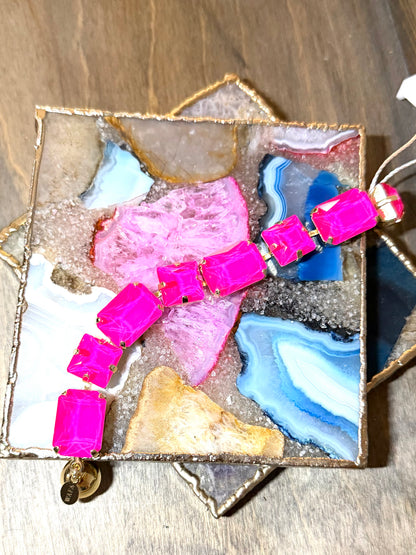 AF Designs statement bracelet with large neon hot pink emerald-cut stones in gold prong settings