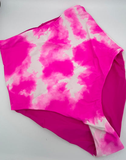 Hot pink tie-dye high-waisted bikini bottoms with watercolor pattern in fuchsia and white tones