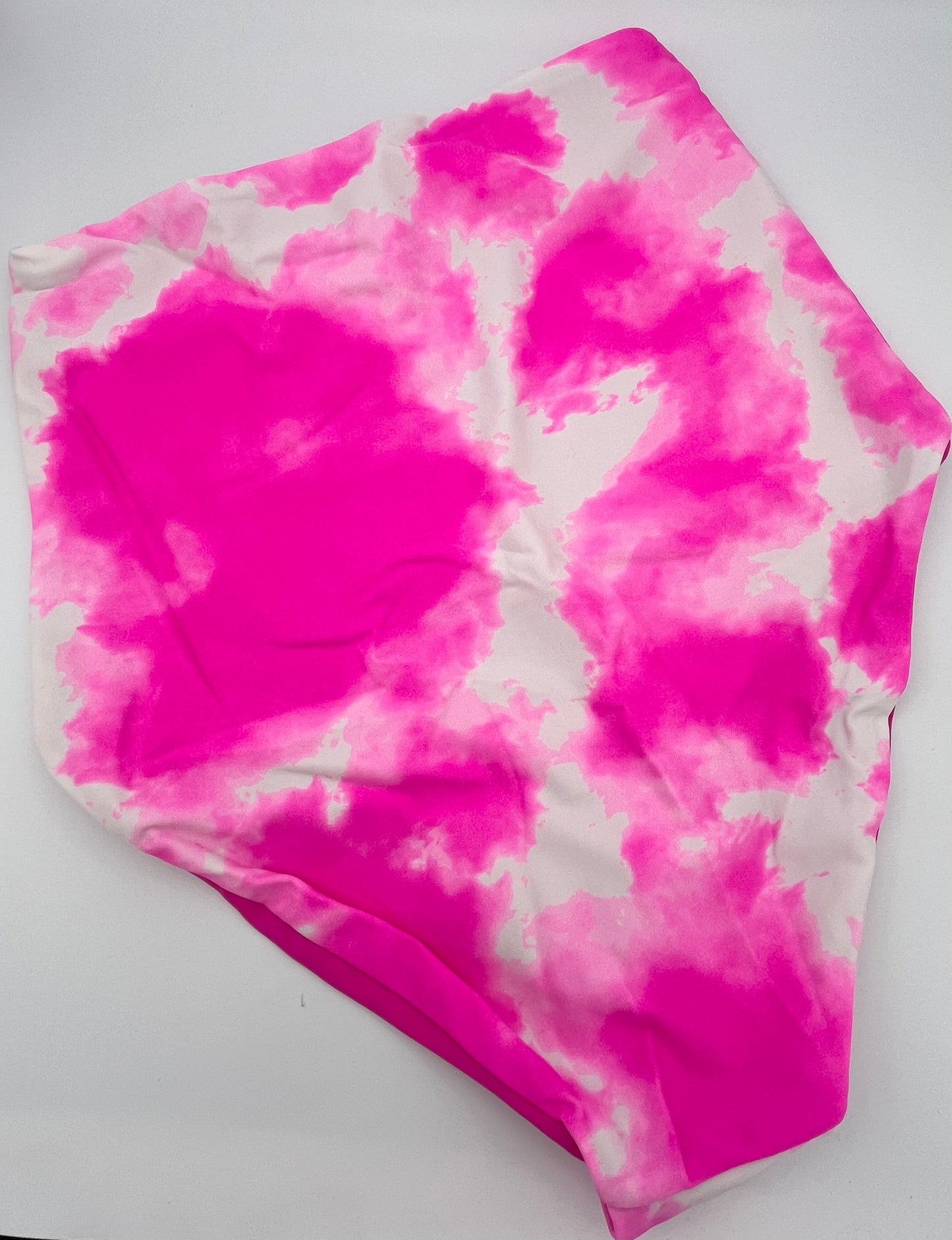 Hot pink tie-dye bikini bottom with white base and cloud-like pattern