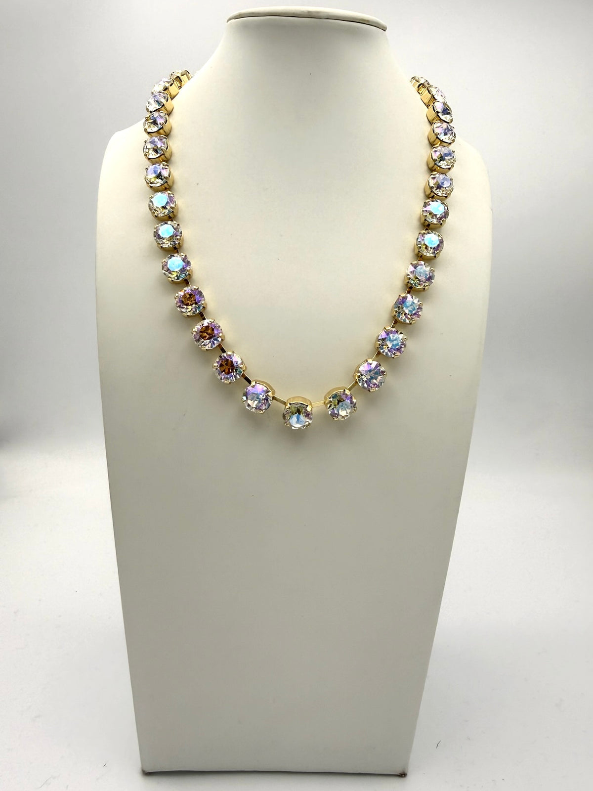 AF Designs Fifth Avenue gold collet necklace with iridescent AB crystal stones in continuous linked setting