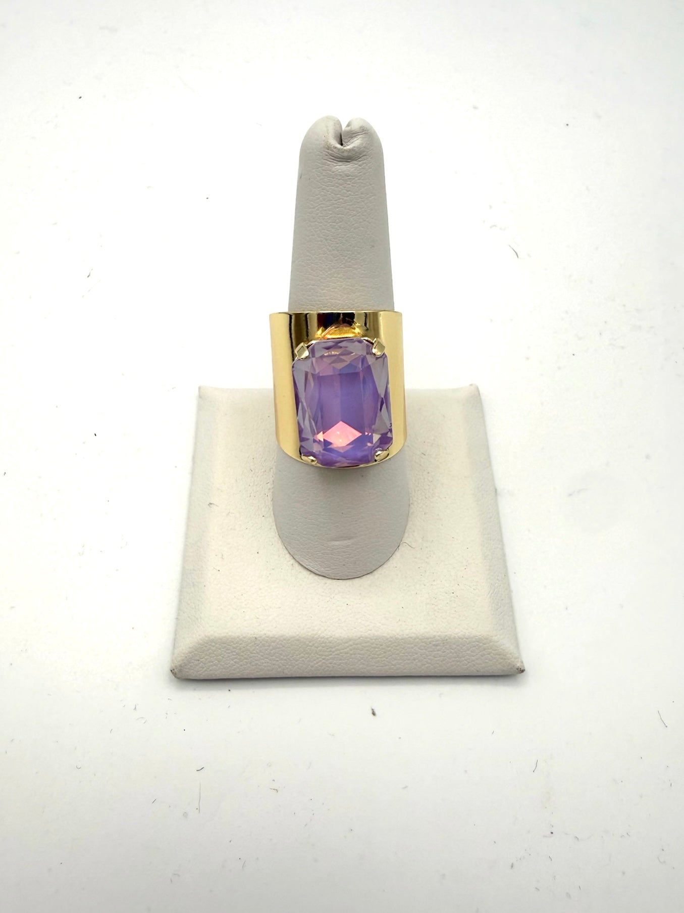 AF Designs gold wide-band cocktail ring with large cushion-cut lavender purple iridescent gemstone