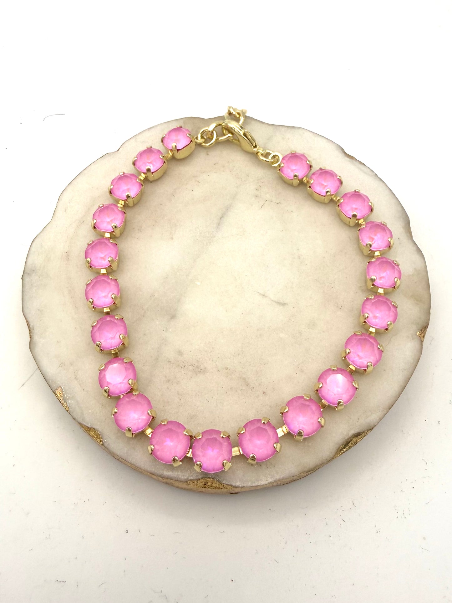 Gold tennis anklet with round bubblegum pink opal crystals and lobster clasp closure by AF Designs