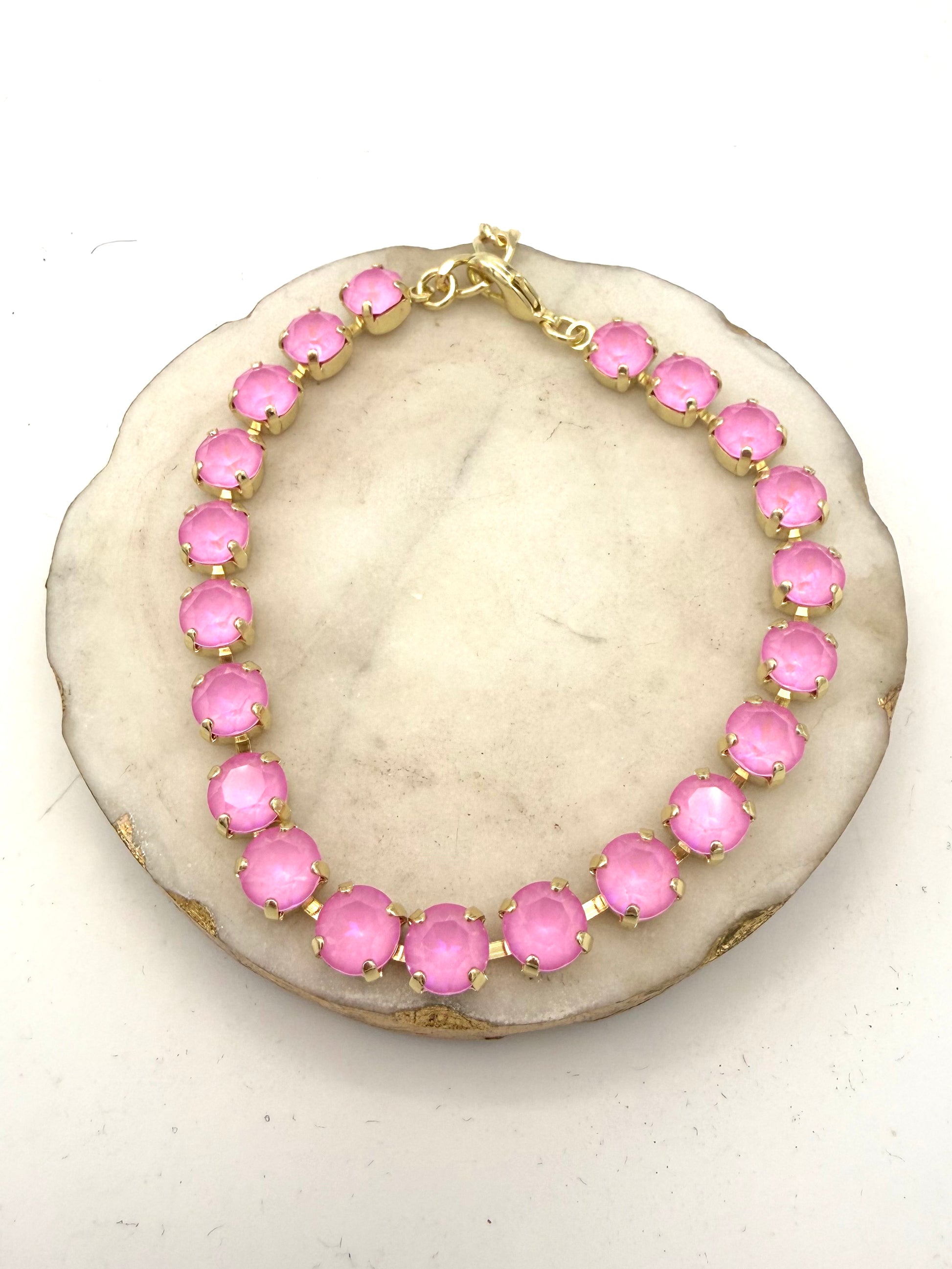 Gold tennis anklet with round bubblegum pink opal crystals and lobster clasp closure by AF Designs