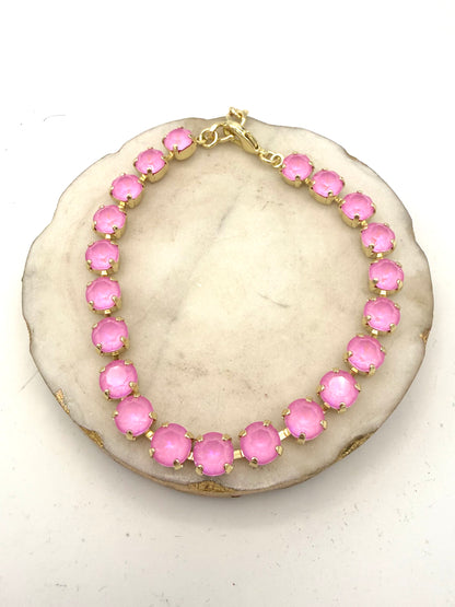 Gold tennis anklet with round bubblegum pink opal crystals and lobster clasp closure by AF Designs