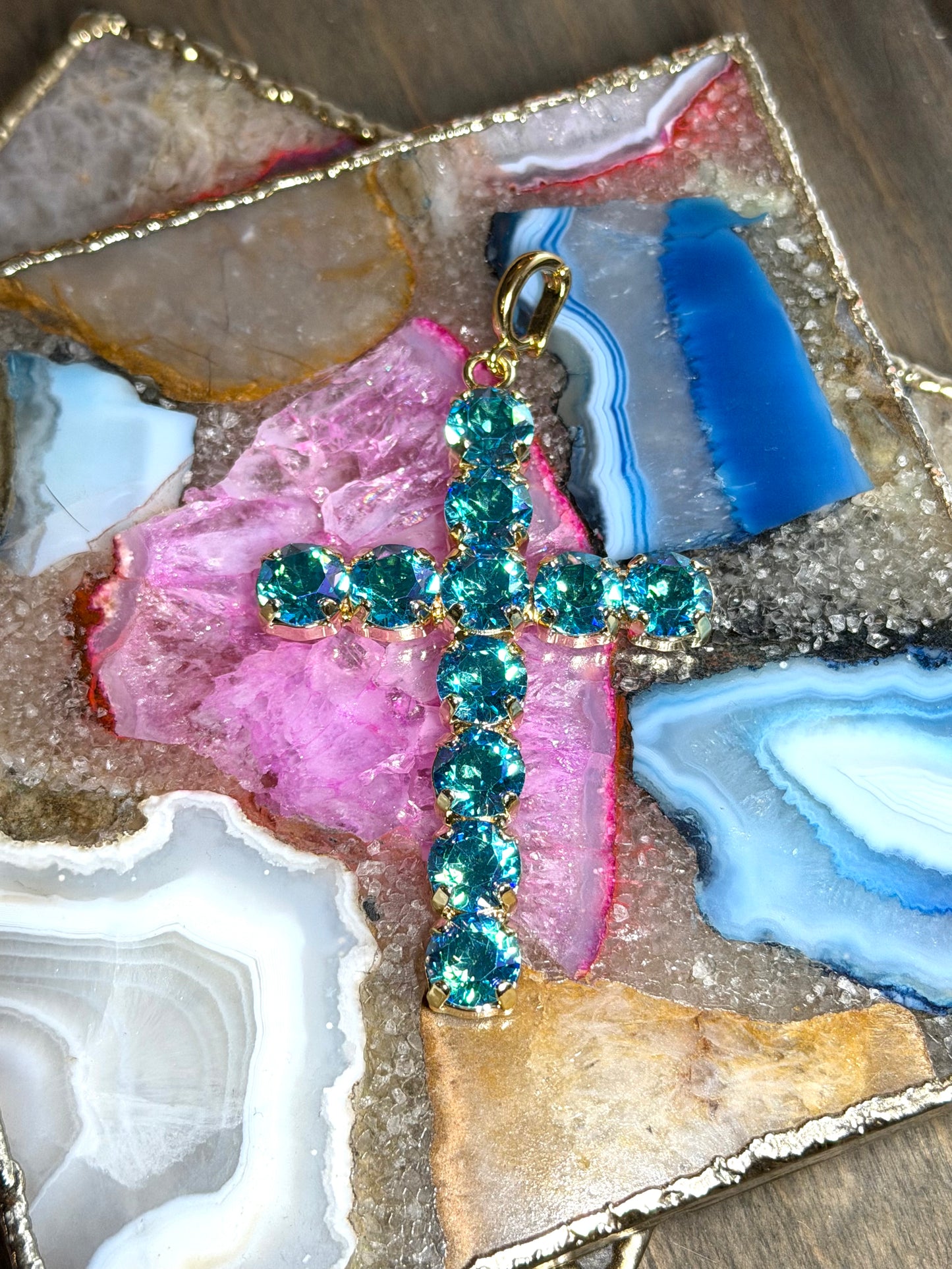 Large teal rhinestone cross pendant charm with gold prong settings and bail by AF Designs