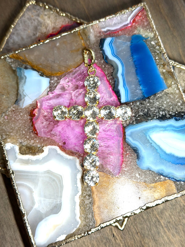 Large clear rhinestone cross pendant charm with gold prong settings and bail loop, by AF Designs