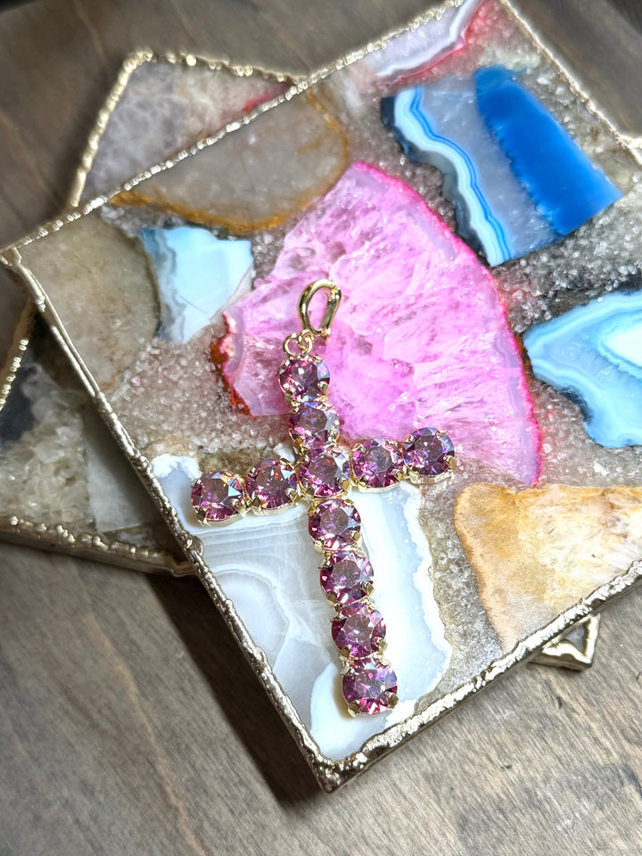 Large gold cross charm pendant with pink-purple rhinestone crystals, statement jewelry piece by AF Designs