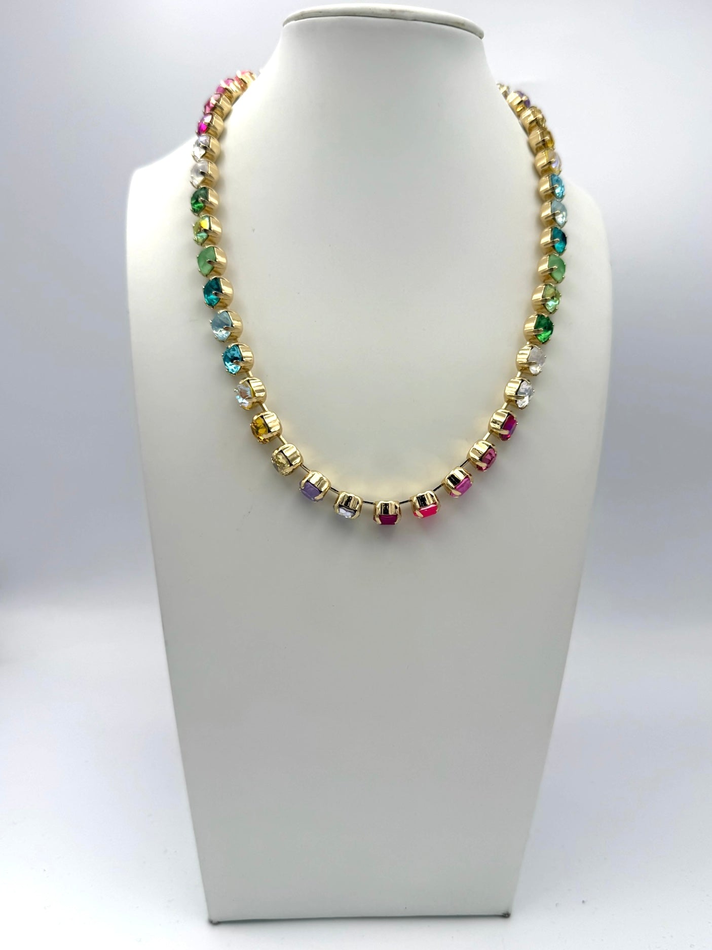 18-inch multicolor crystal tennis necklace with rainbow gemstones in polished gold cup settings