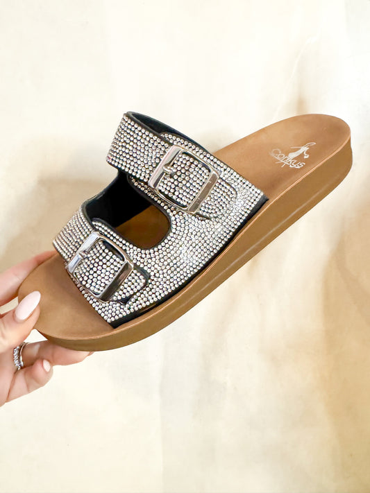 Presale: Corky's Black Rhinestones Let's Be Real Sandals