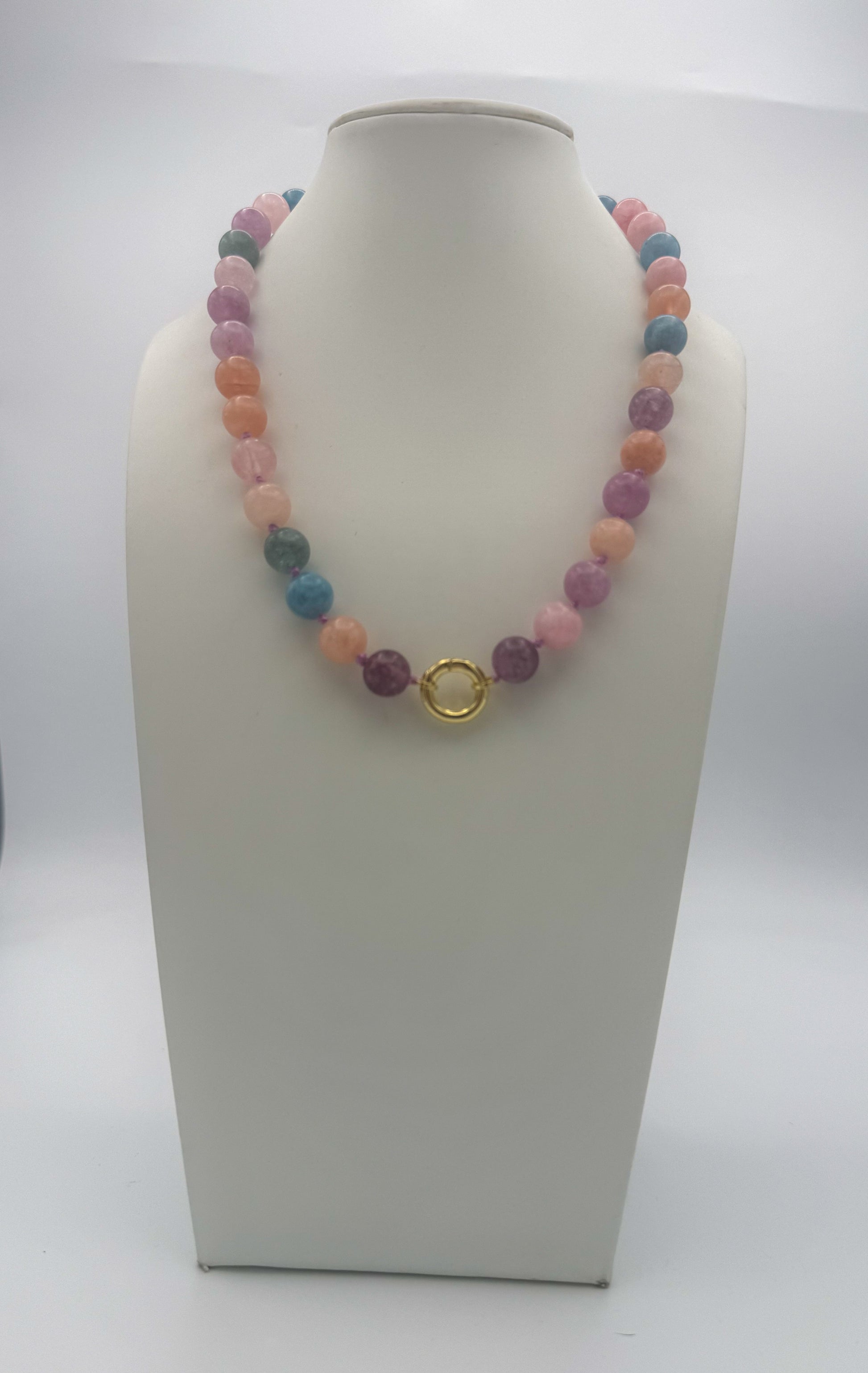 AF Designs Jelly Bean Necklace with multicolor pink, peach, teal, purple beads and gold circular clasp