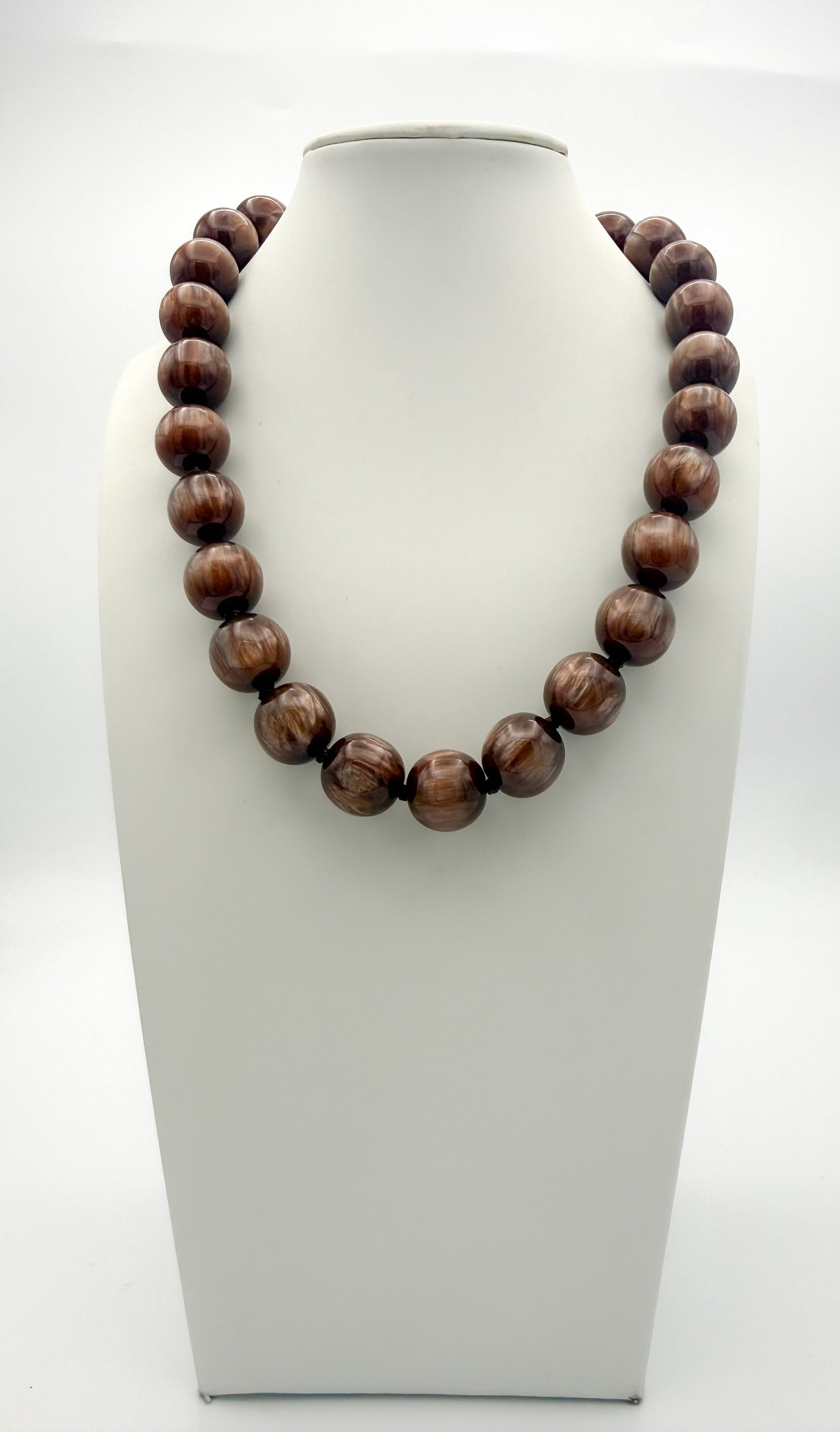 Large chocolate brown wood-grain round bead statement necklace, hand-knotted on dark cord, single strand