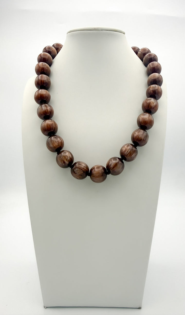 Large chocolate brown wood-grain round bead statement necklace, hand-knotted on dark cord, single strand