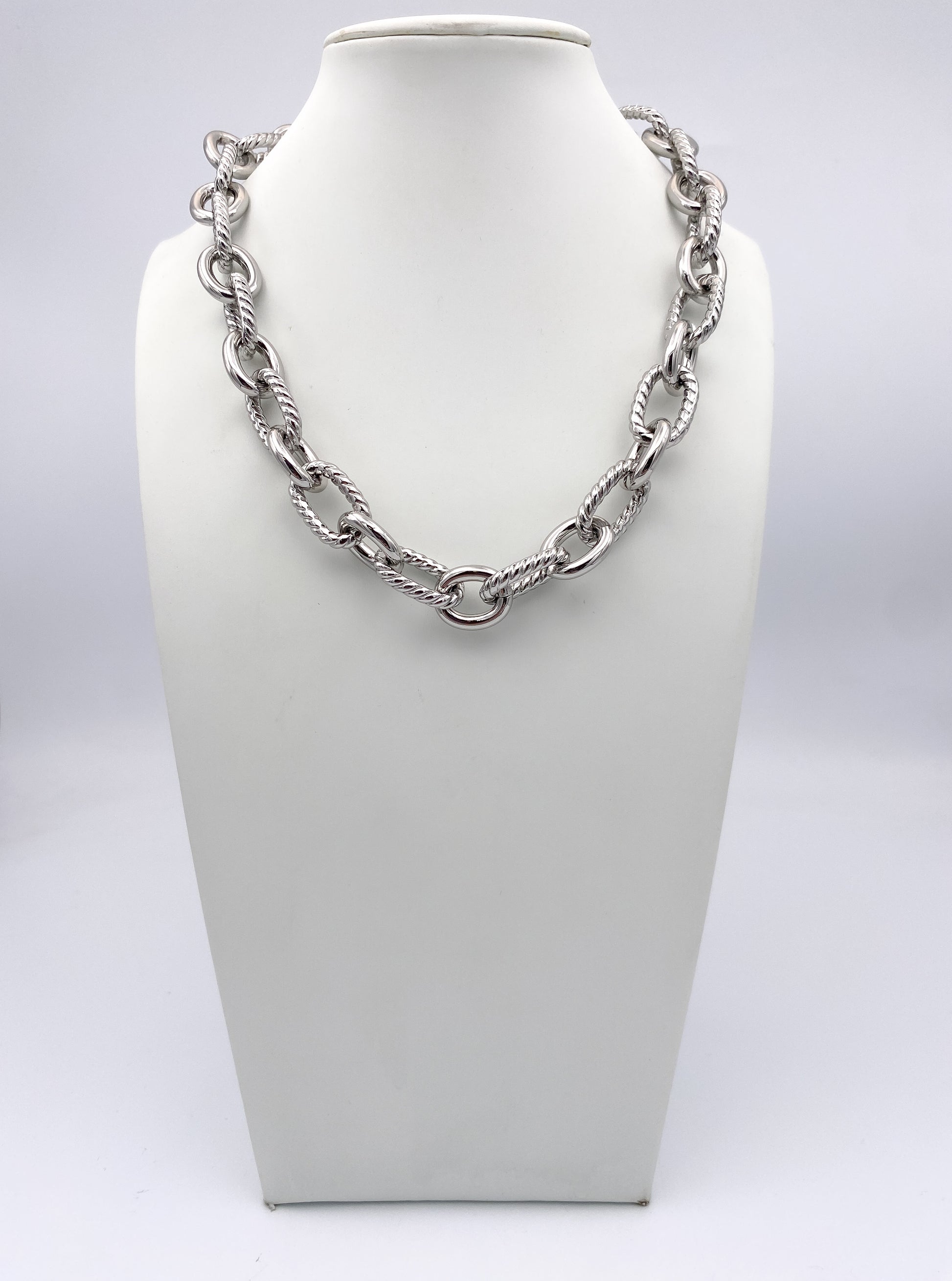 Chunky silver chain-link necklace with alternating smooth and twisted rope-textured oval links by AF Designs