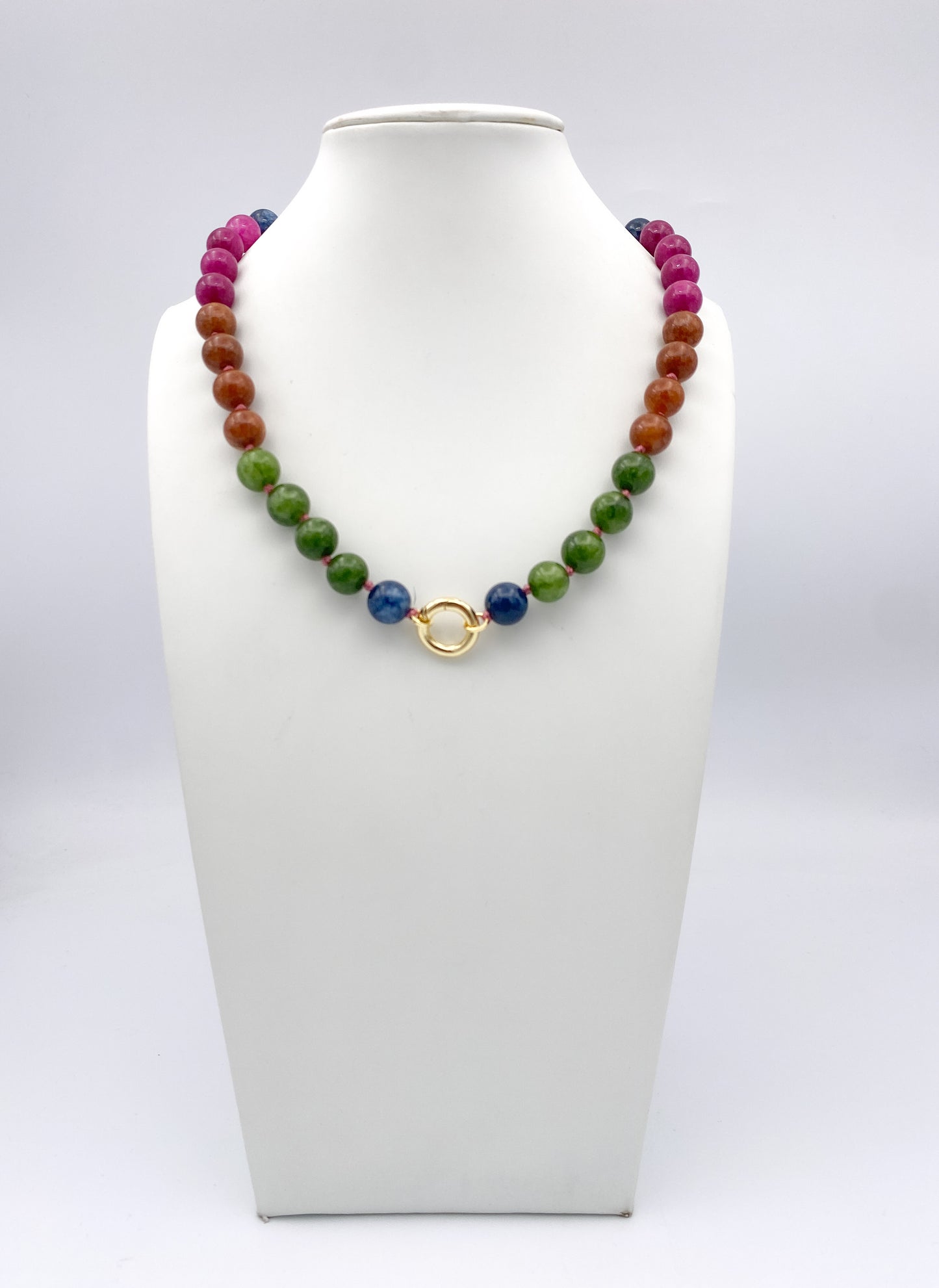 AF Designs Secret Garden multi-color gemstone beaded necklace with gold clasp in pink, amber, green, and blue