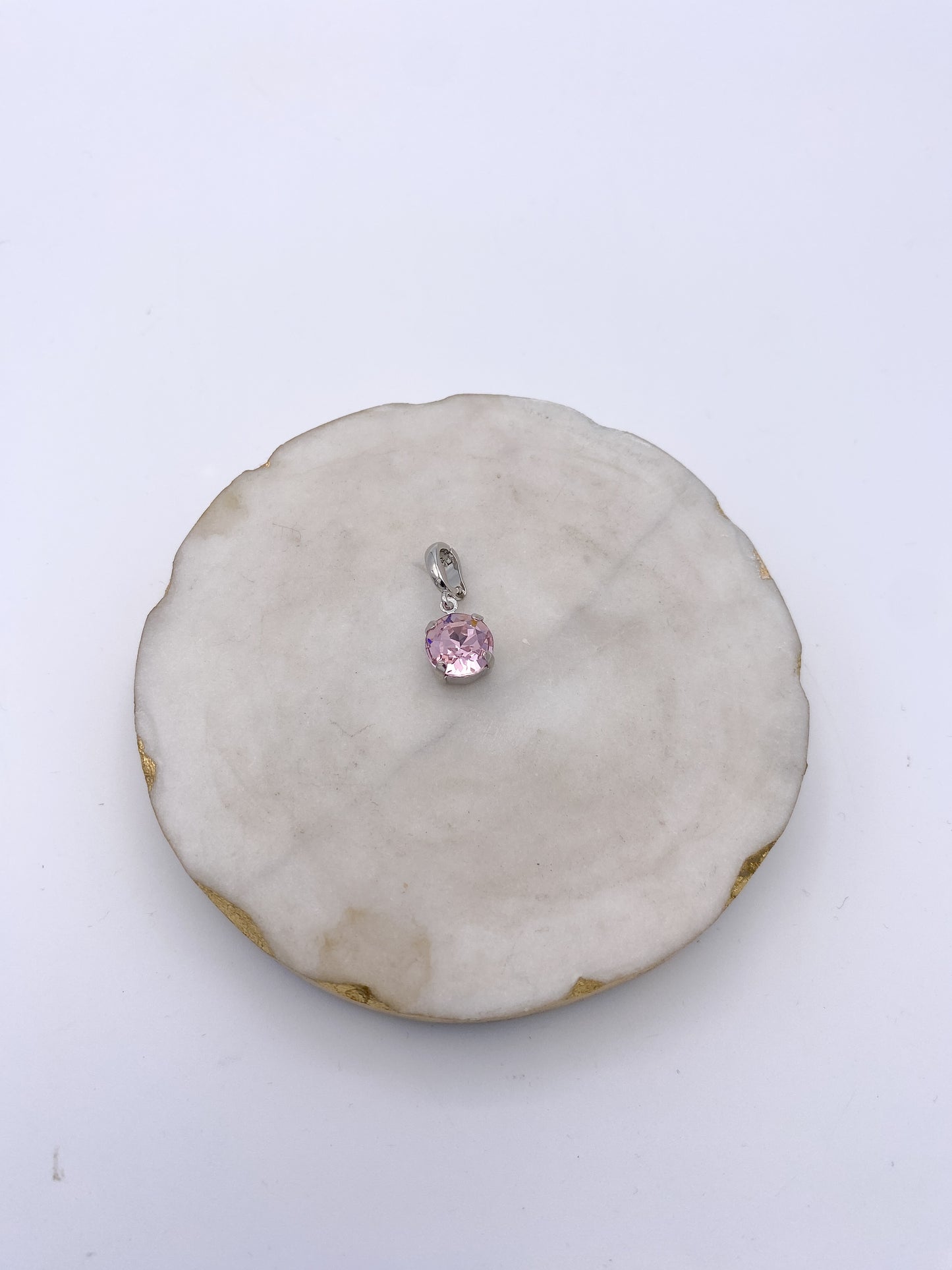 Dainty silver charm with round blush pink faceted crystal stone and oval bail by AF Designs