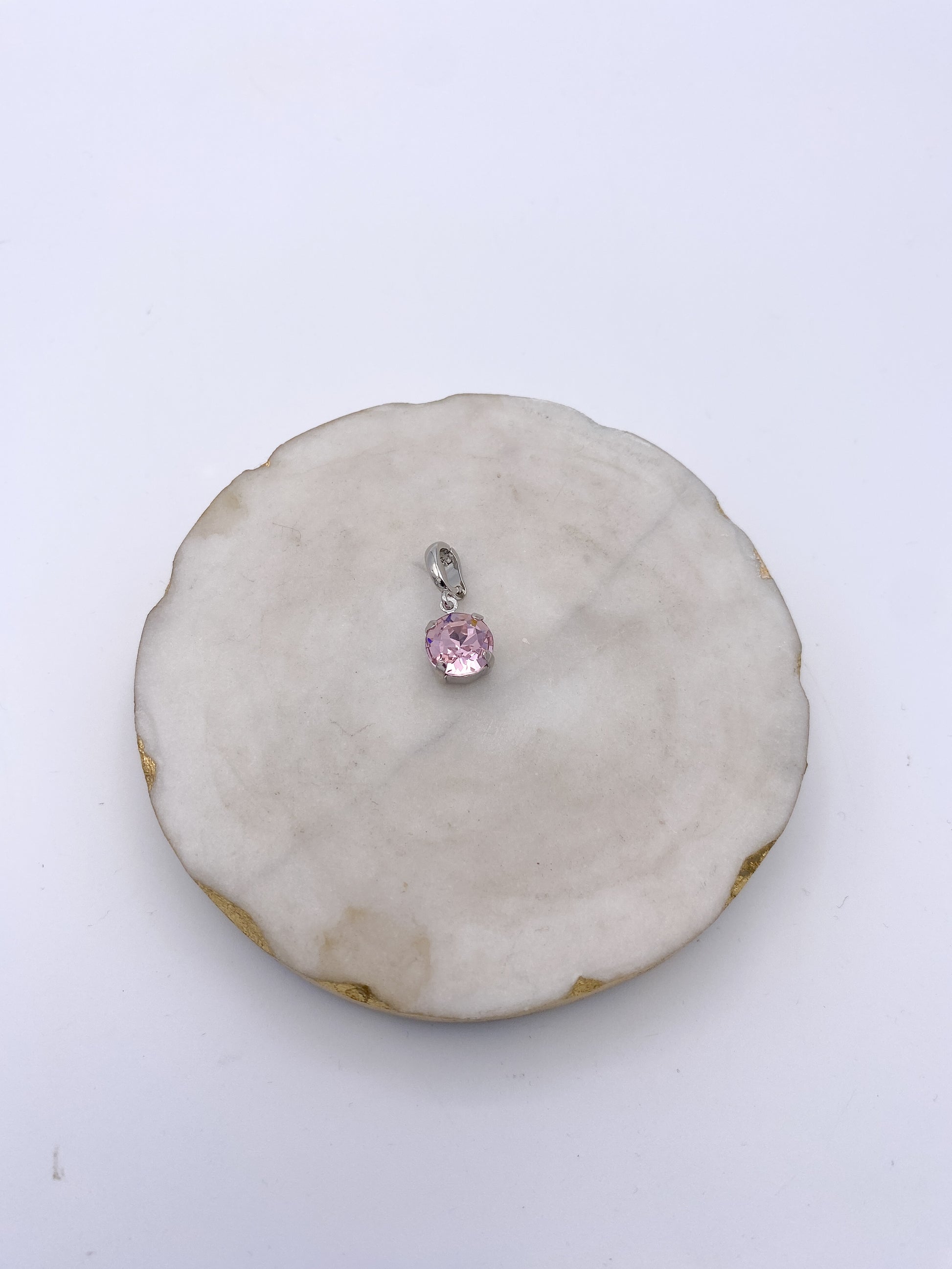 Dainty silver charm with round blush pink faceted crystal stone and oval bail by AF Designs