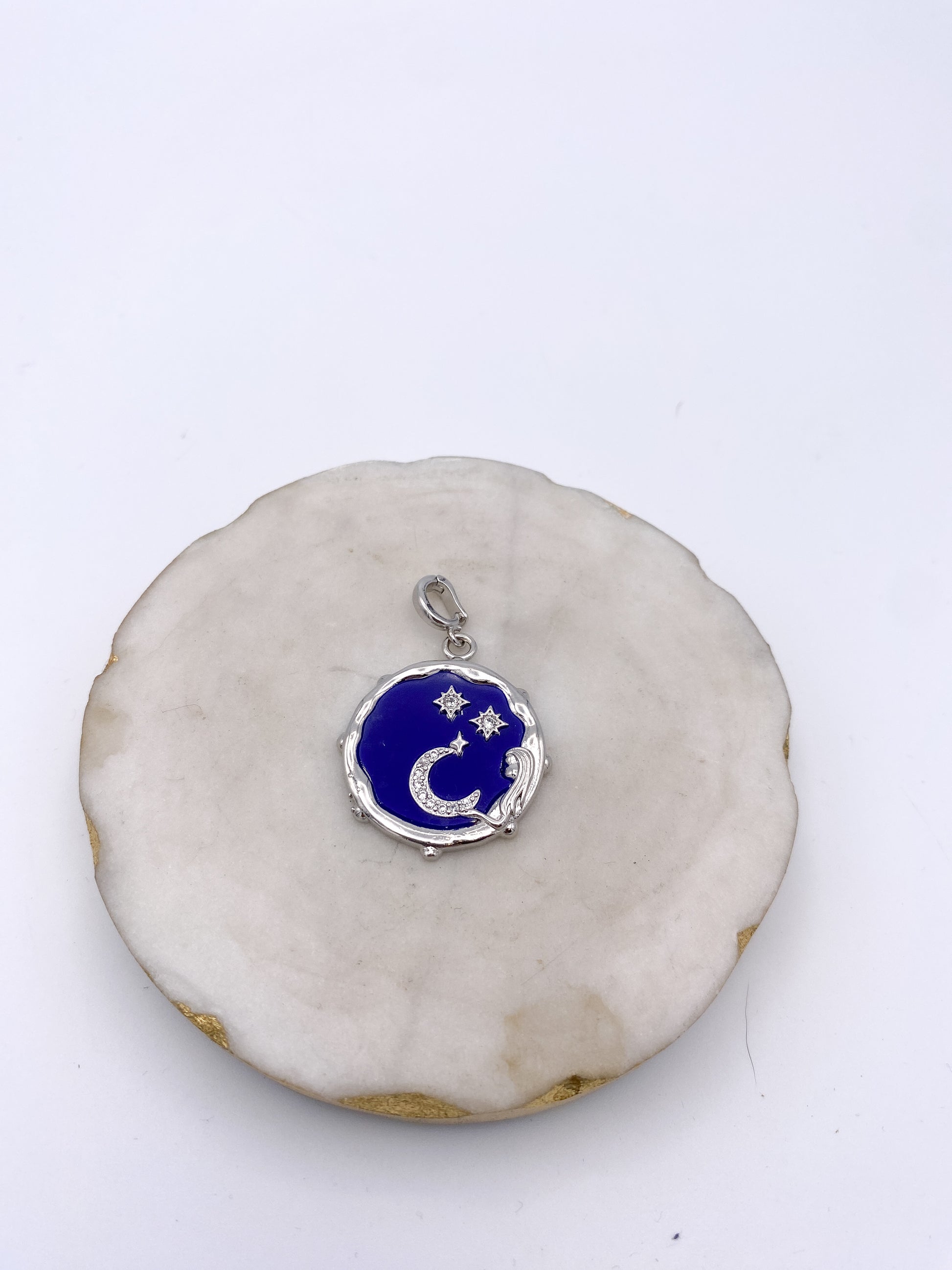 Cobalt blue enamel celestial charm pendant with silver crescent moon, pavé stars, and organic frame by AF Designs