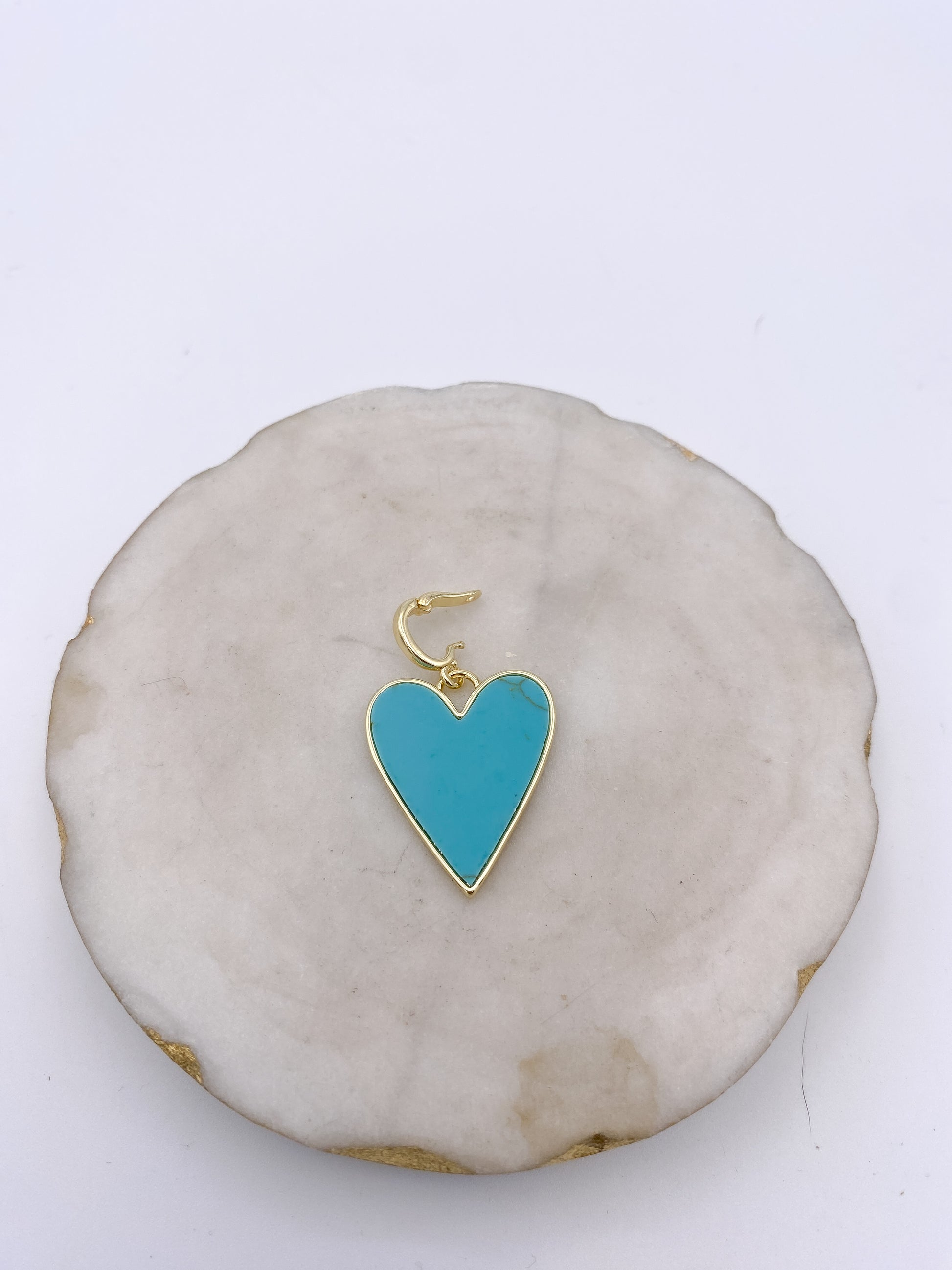 AF Designs Heartbeat Charm: elongated turquoise heart pendant with gold bezel and French hook clasp
