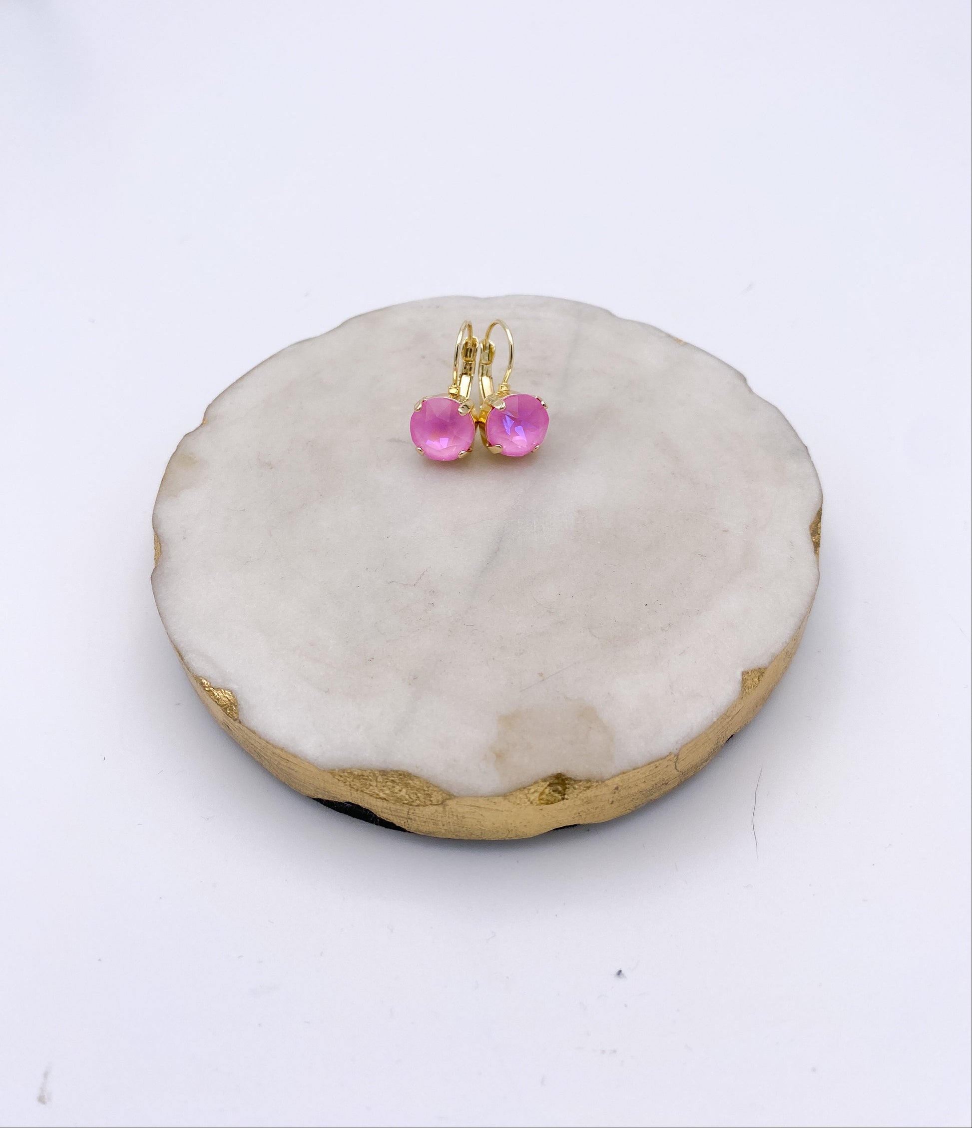 Delicate gold lever-back drop earrings with round faceted bubblegum pink crystal stones by AF Designs.
