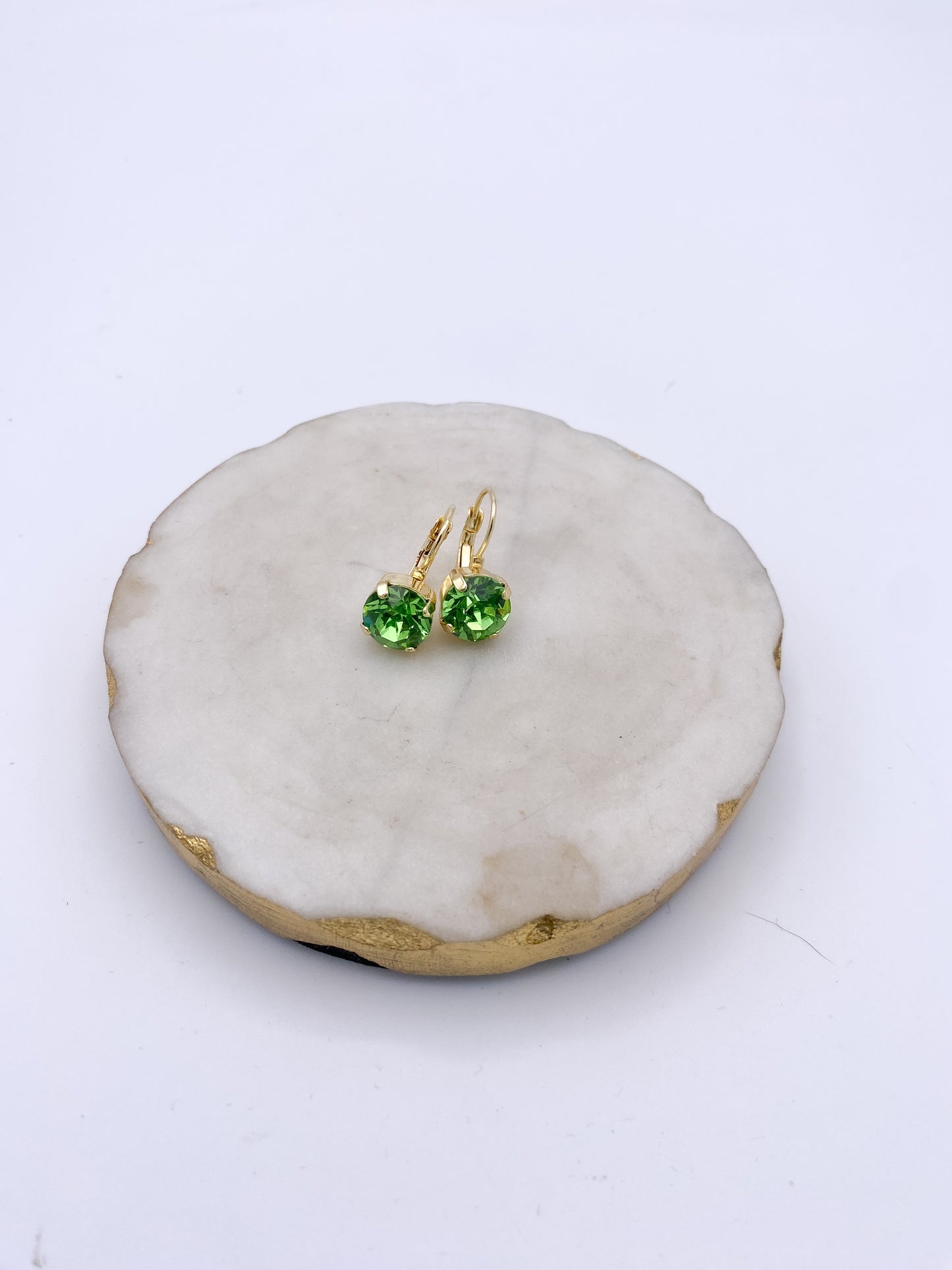 Gold lever-back drop earrings with round faceted green apple crystal stones by AF Designs