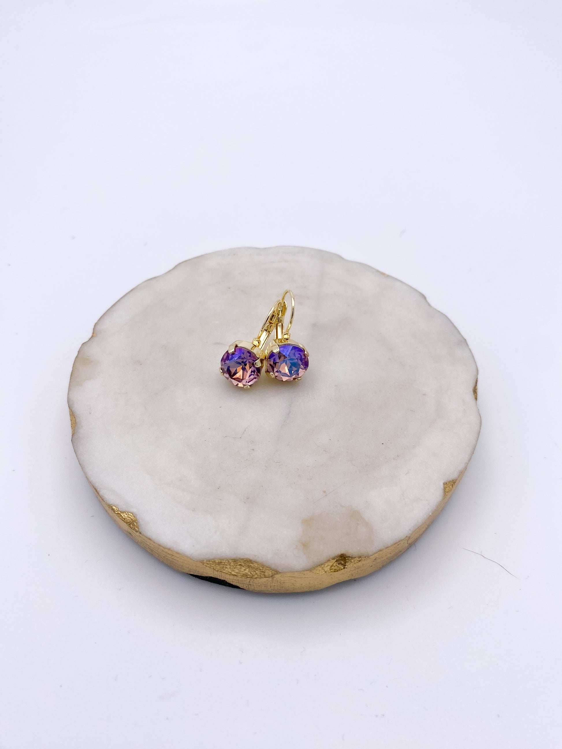 Gold lever-back drop earrings with round duochrome violet-pink faceted crystals by AF Designs