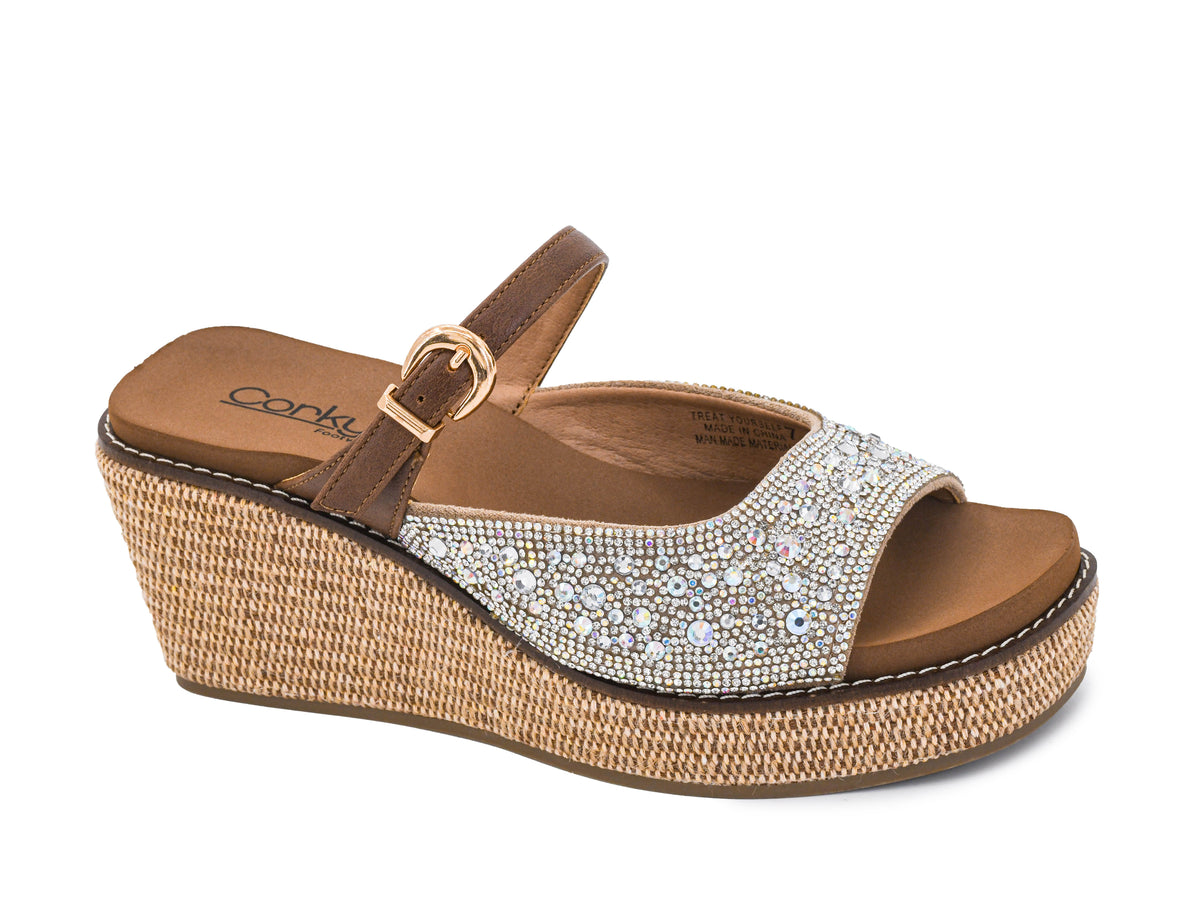 Corkys rhinestone wedge sandal with crystal toe strap, gold buckle ankle strap, and woven raffia platform