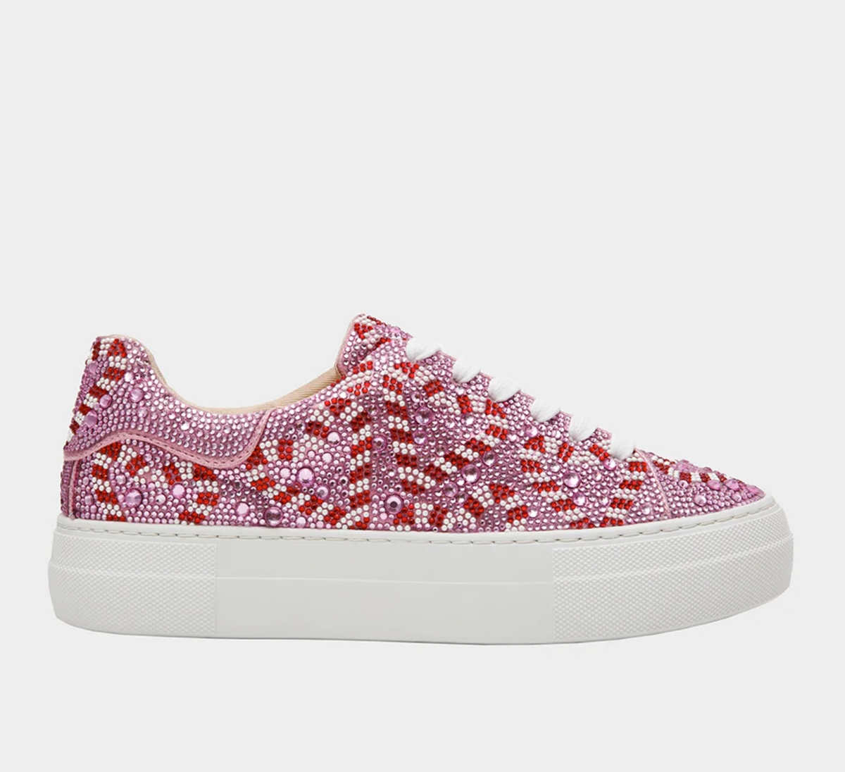 Betsey Johnson Sidny platform sneaker with red and pink candy cane rhinestone pattern on white chunky sole