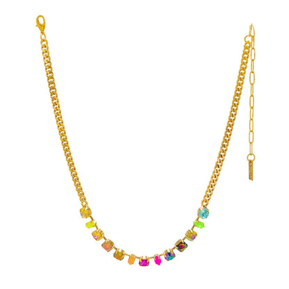 TOVA Mini Riya gold chain necklace with multicolored crystal stones in pink, blue, green, yellow and orange