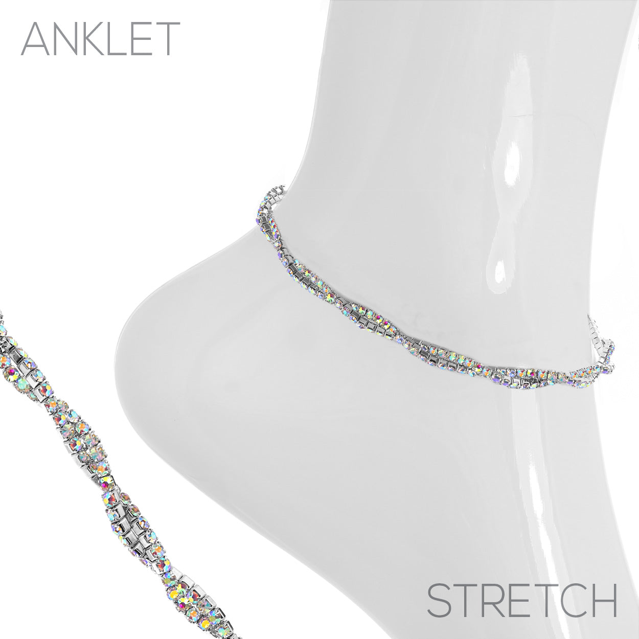 Double-row iridescent AB rhinestone stretch anklet in silver, with a twisted design on a mannequin ankle.