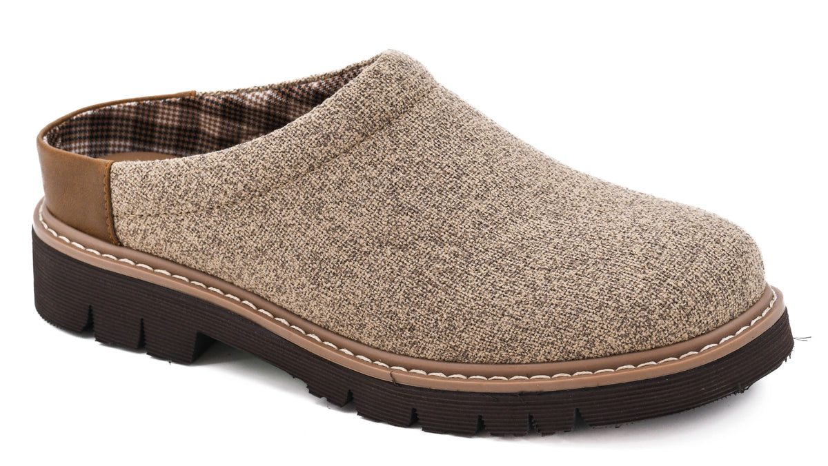 Side view of the sand Corky's Just Walk Away clog with tweed-look upper, caramel heel panel, plaid lining and lug sole
