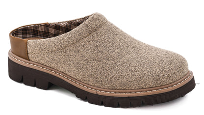 Side view of the sand Corky's Just Walk Away clog with tweed-look upper, caramel heel panel, plaid lining and lug sole