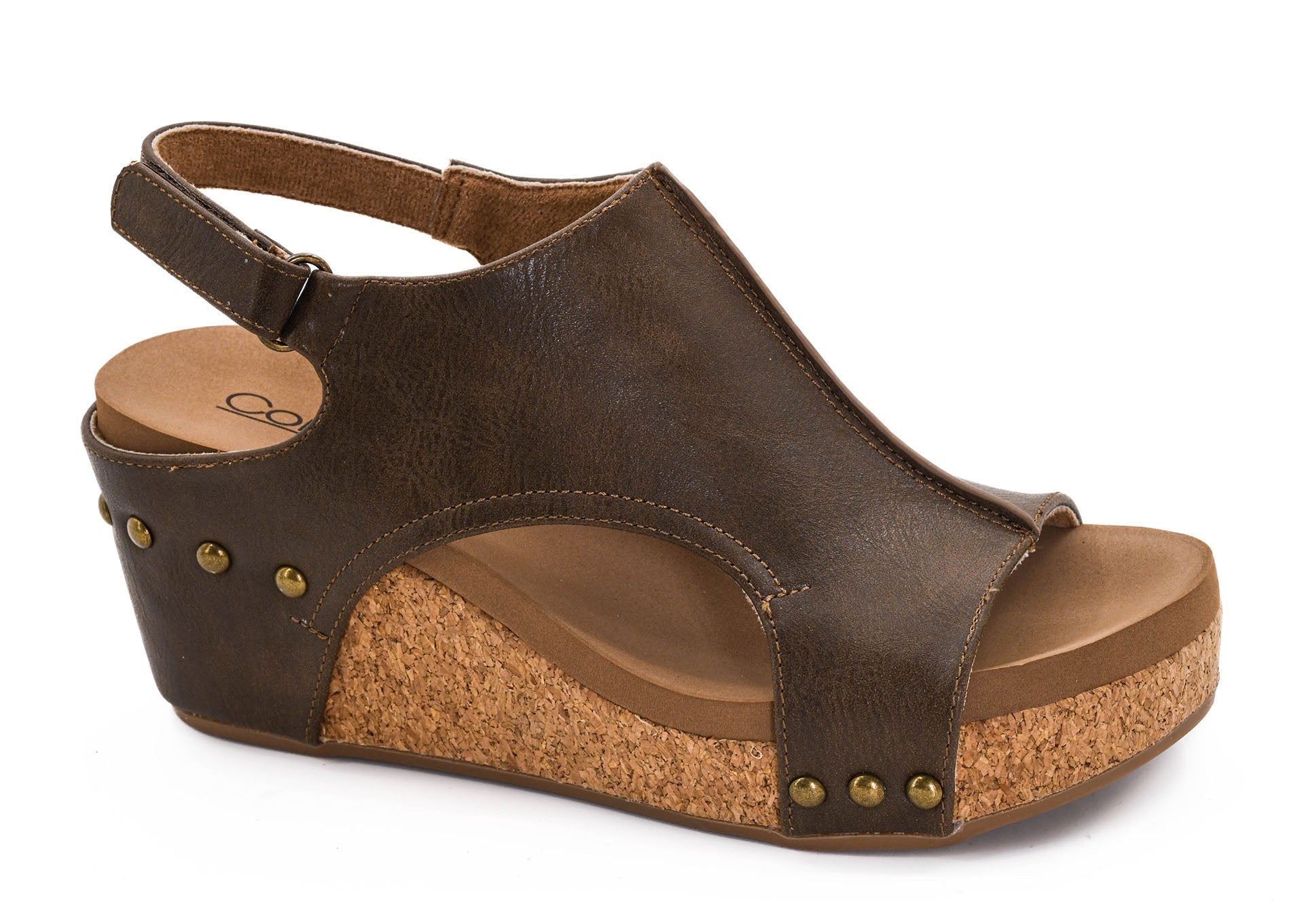 Corkys Carley chestnut brown leather wedge sandal with cork platform, studs, and slingback strap