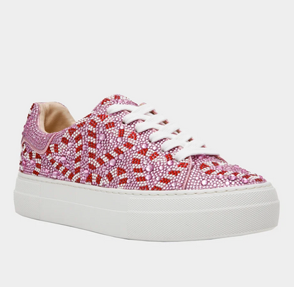 Betsey Johnson Sidny platform sneaker covered in pink and red candy cane rhinestone crystals with white sole