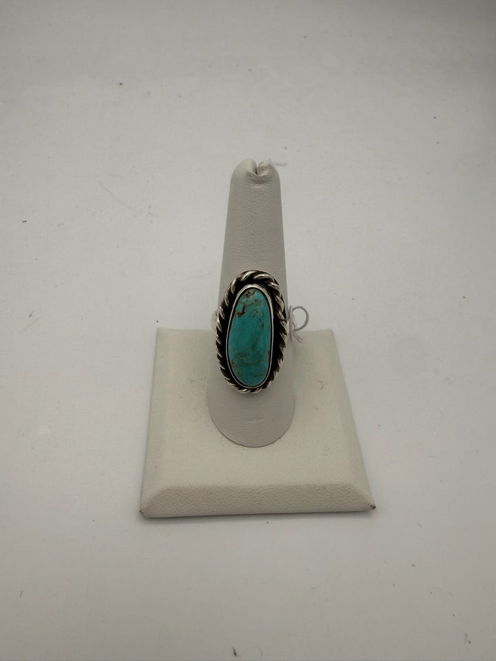 Blue Mesa Ring: oval turquoise cabochon in twisted rope sterling silver bezel setting, boho southwestern style