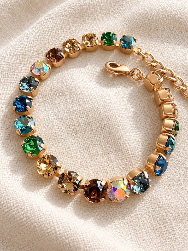 AF Designs Mood Swing Bracelet with multicolor blue-green mix crystals in gold prong settings with lobster clasp