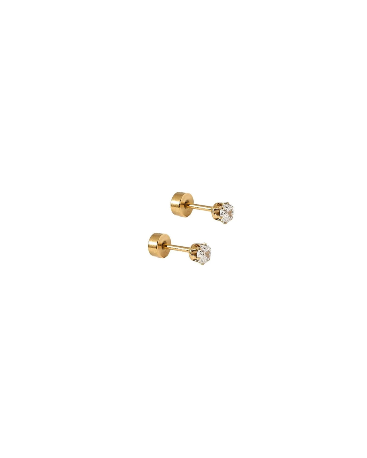 Gold Micro Helen stud earrings with a petite clear stone and screw backs