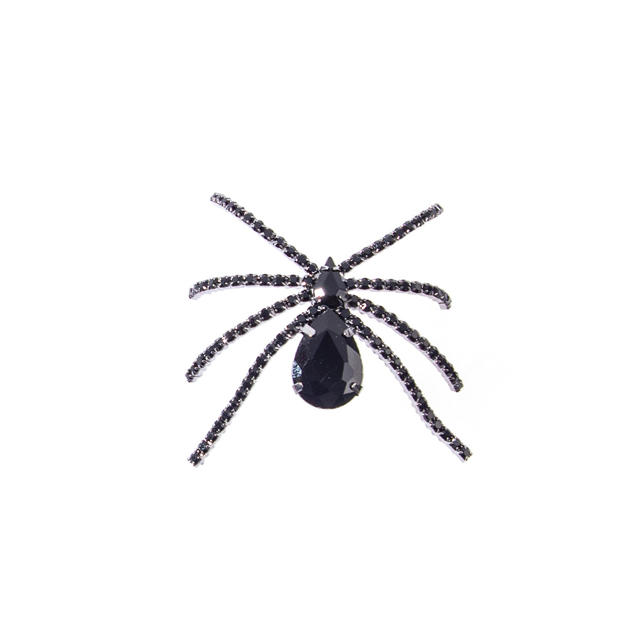 Black rhinestone spider brooch pin with teardrop gemstone abdomen and crystal-studded legs on white background