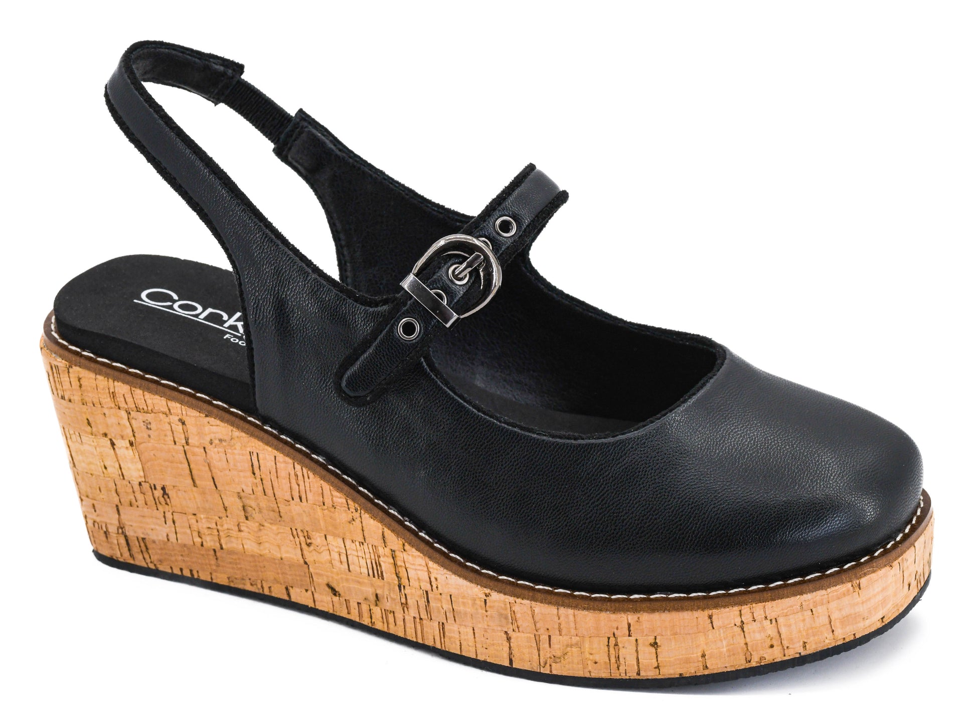 Corky's black closed-toe Mary Jane slingback wedge sandal with cork platform and silver buckle strap