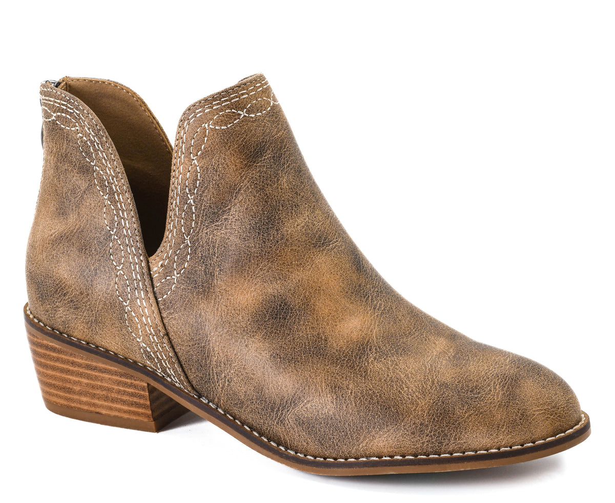 Corky's taupe distressed leather ankle bootie with white Western stitching, V-cut notch, and stacked wooden heel