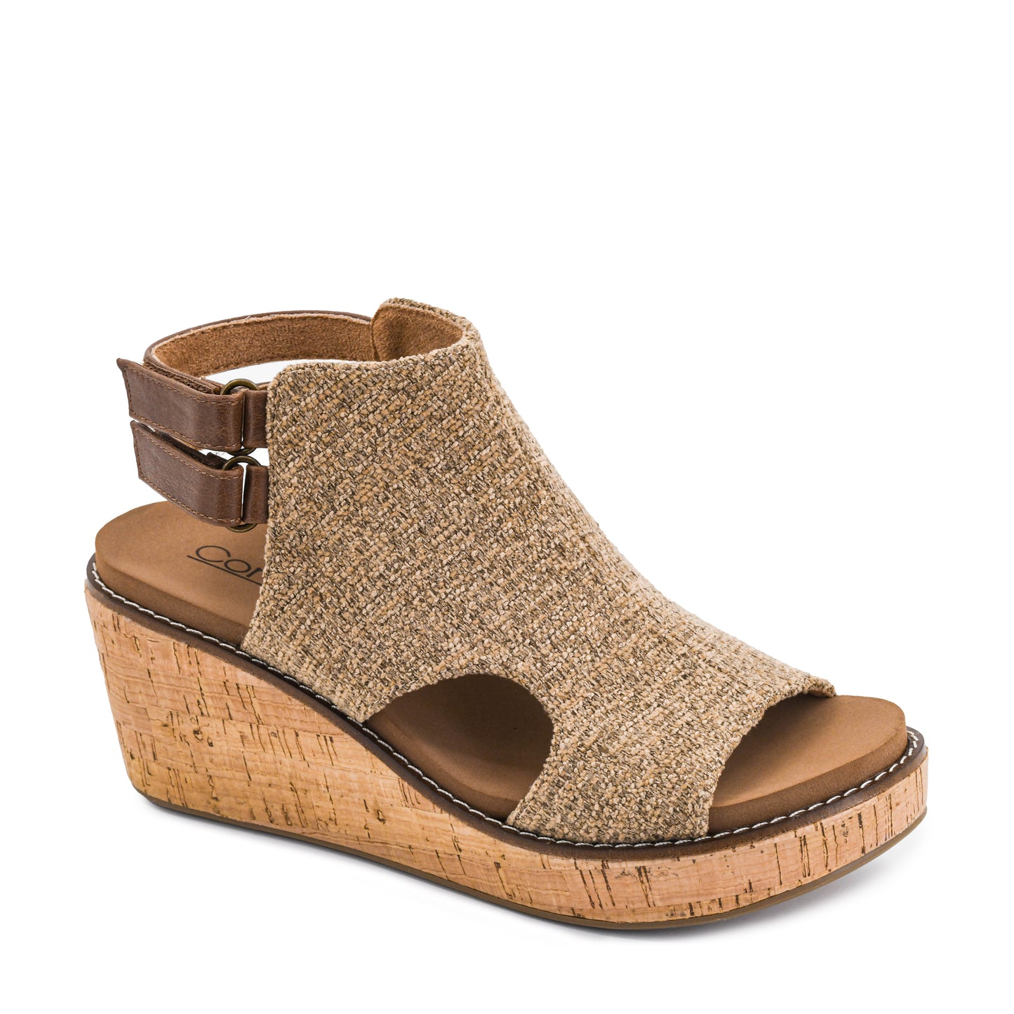 Corky's tan woven fabric peep-toe wedge sandal with cork platform sole and brown leather ankle strap