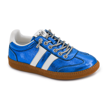 Corkys Hey Girl metallic royal blue retro sneaker with white stripes, sparkly laces, and gum rubber sole