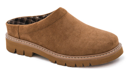 Side view of the tobacco Corky's Just Walk Away clog with brushed brown upper, plaid lining and caramel lug sole
