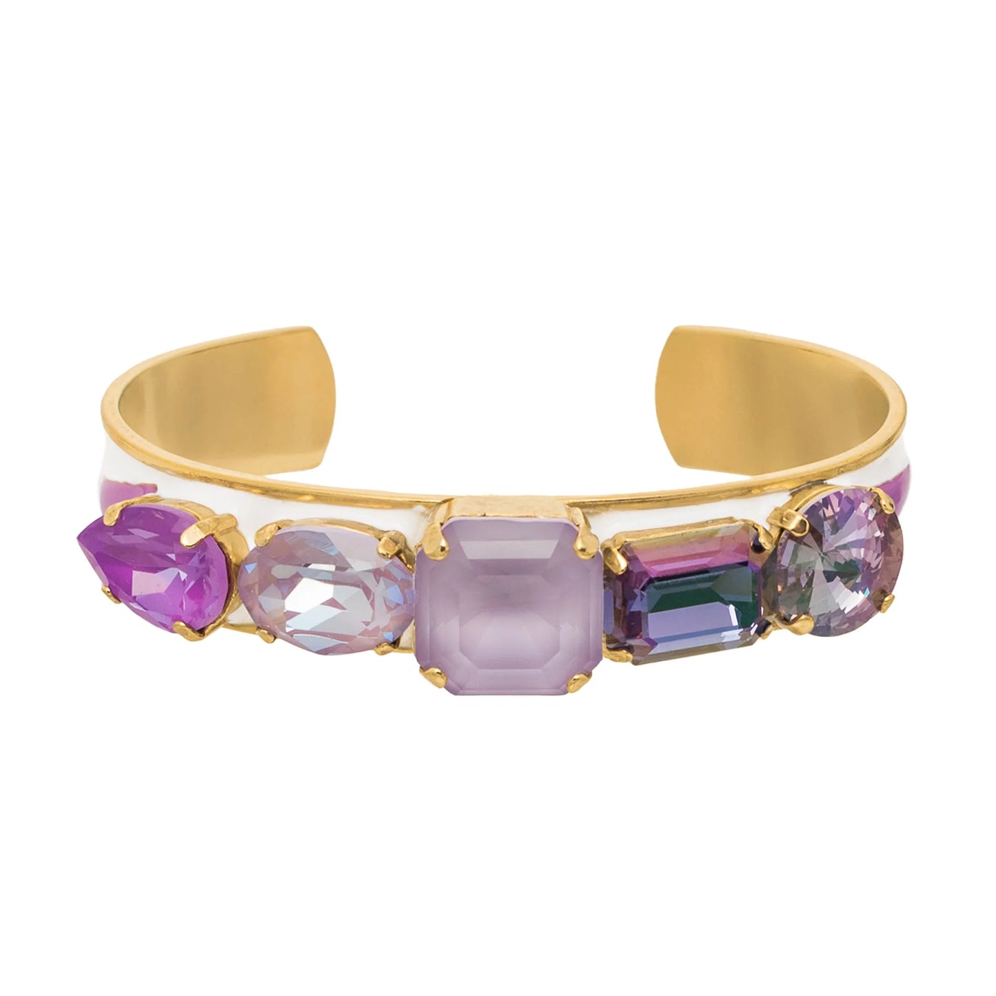 TOVA gold cuff bracelet with five purple-toned gemstones on white enamel band