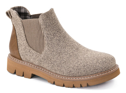 Side view of the sand combo Corky's It's Chilly Chelsea boot with stretch side panel, pull tab, plaid lining and tan lug sole