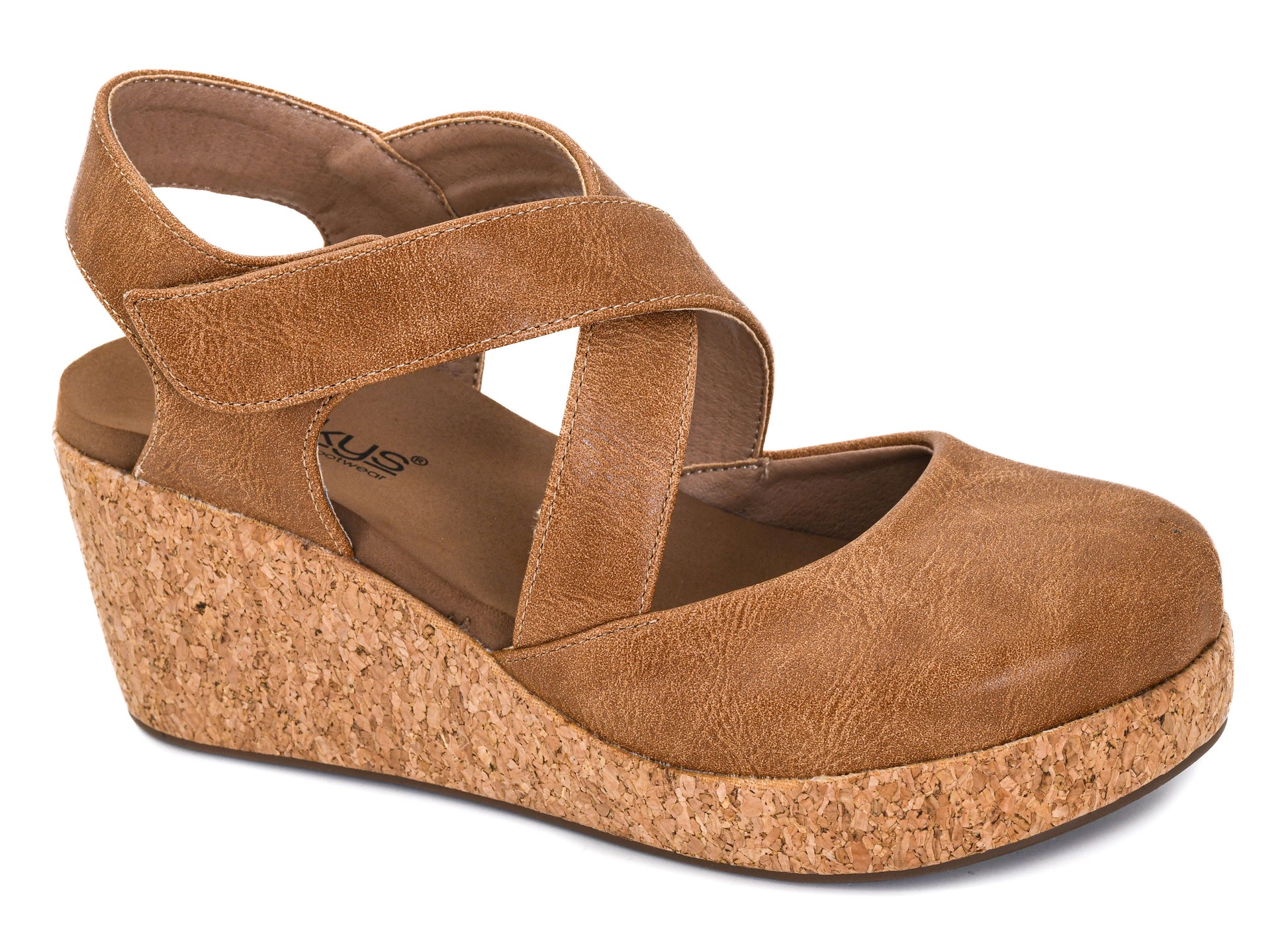 Corkys cognac tan closed-toe wedge sandal with criss-cross straps and natural cork platform heel