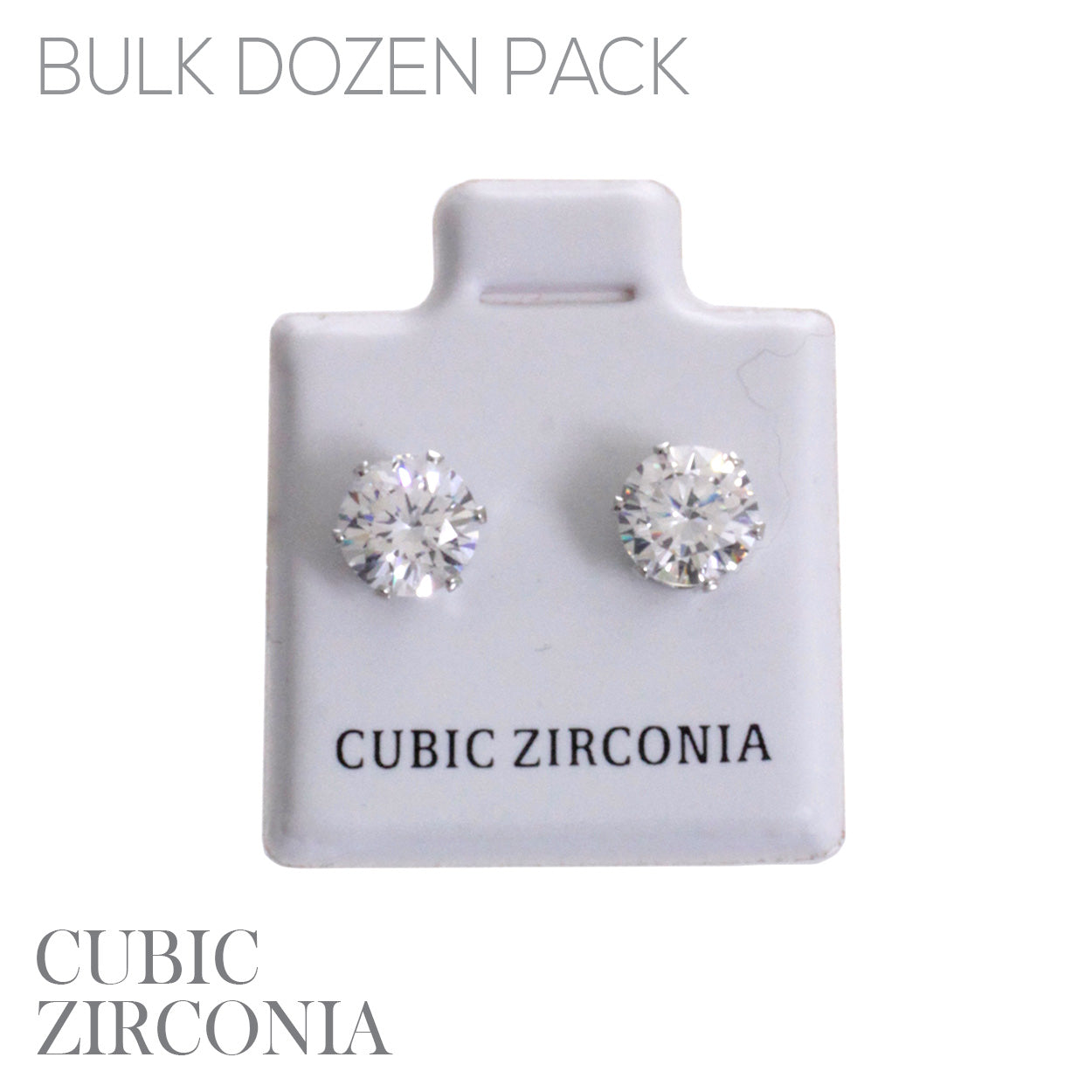 Silver round cubic zirconia stud earrings in prong settings, sparkling clear stones on white display card