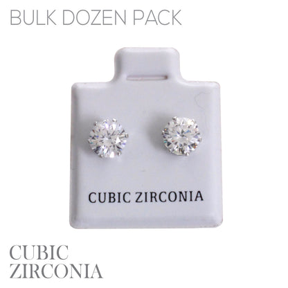 Silver round cubic zirconia stud earrings in prong settings, sparkling clear stones on white display card