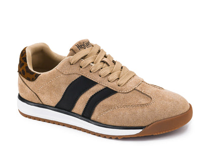 Corky's camel suede retro sneaker with black side stripes, leopard print heel accent, and gum rubber sole.