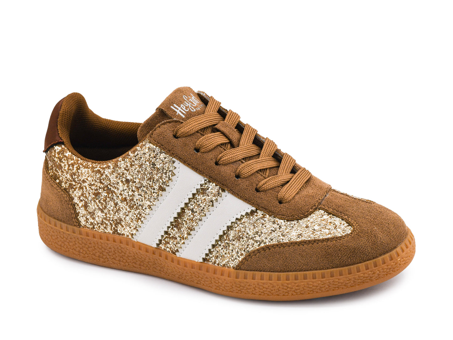 Corky's chestnut brown suede low-top sneaker with gold glitter panels, white stripes, and honey gum sole.