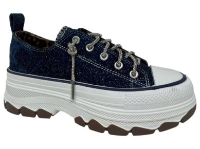 Very G Navy Piper Platform Sneakers with rhinestone lace details, chunky white sole, and glitter navy upper